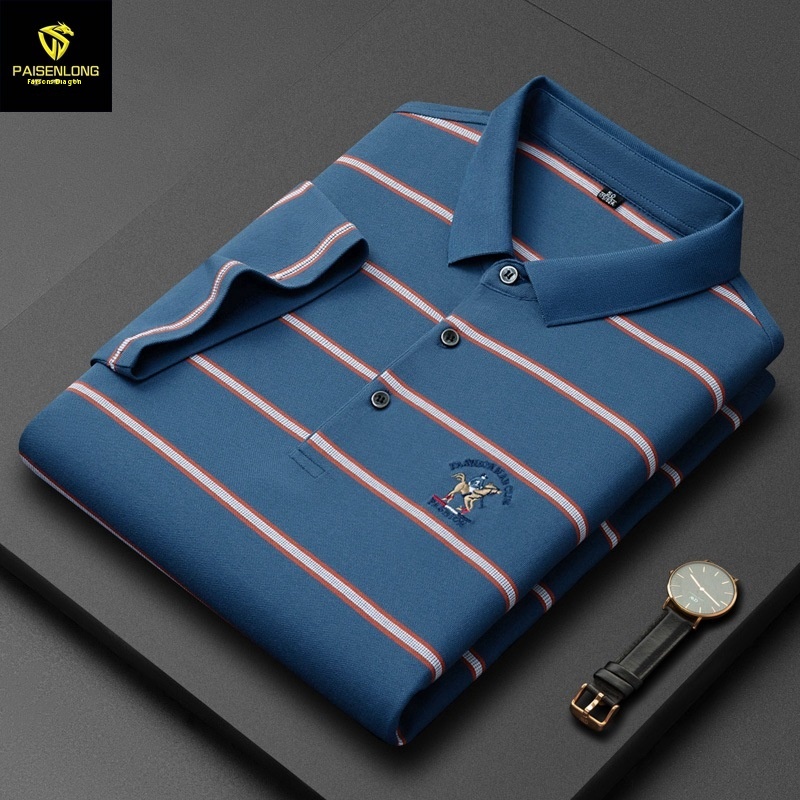 Paisonlong Summer Short-sleeved T-shirt Men's Striped Polo Shirt Lapel T-shirt Top Short-sleeved Striped Polo Shirt