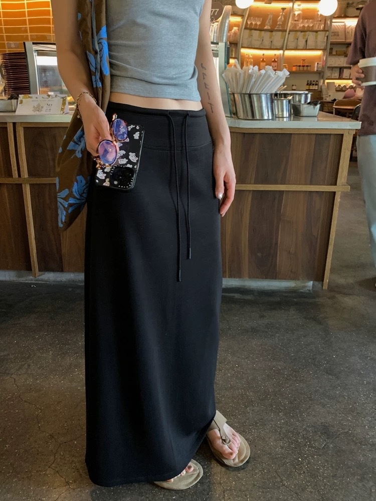 Tencel~ Summer Style Drawstring Elastic Waist Back Slit Casual Skirt Skirt For Women