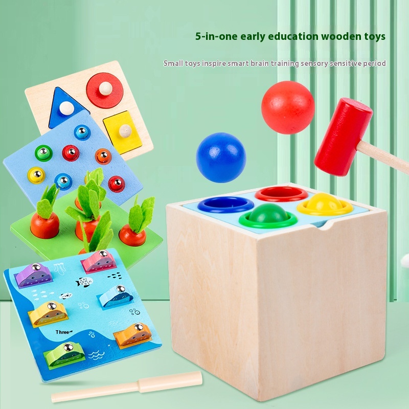Wooden Montessori Children's Five-in-one Knock Ball And Pull Carrot Intelligence Box Teaching Aids Early Education Color Matching Cognitive Toys