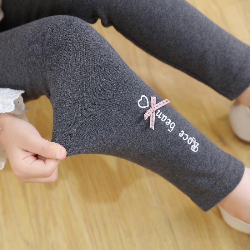 Girls Spring Leggings Korean Baby Bow Knitted Cotton Pants Girls Outerwear Stretch Pants Solid Color