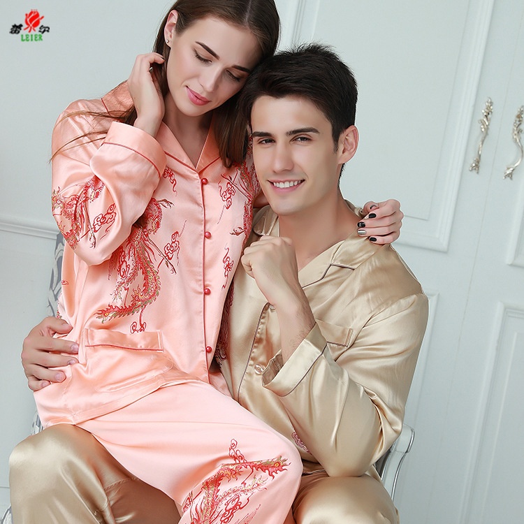 Spring And Autumn Silk Sleepwear Silk Silk Embroidery Couple Homestays Long Sleeve Trousers Set