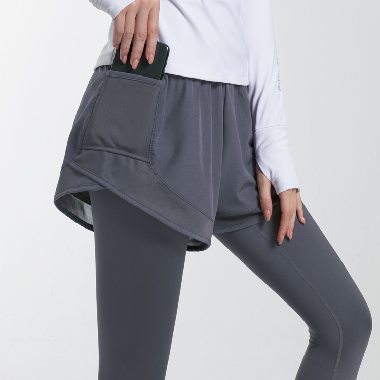 High Waist Hip Lifting Fitness Trousers Quick Drying Breathable Fake Two-piece Sports Pants Outer Wear Elastic Tight Yoga Training Pants For Women