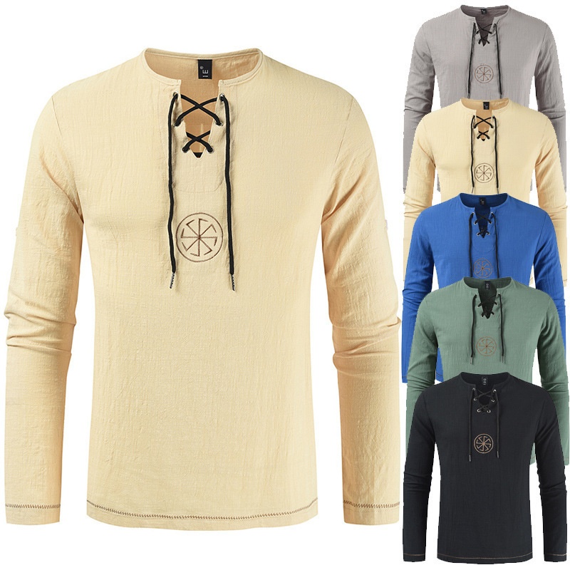 Spring Casual Simple Slim Embroidered Shirt Solid Color Tops Men's Long Shirt