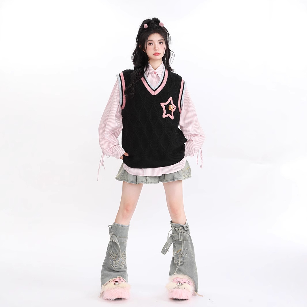 American Retro Academy Style Star Color Matching Niche Design Soft Waxy All-match Sweet Girl Warm Vest
