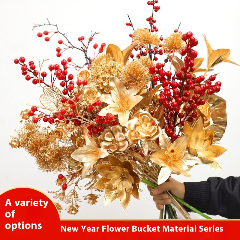 Spring Festival Year Ornaments Decoration Flower Arrangement Dried Flowers Artificial Flowers Golden Simulation Flowers Year Flowers Holly Living Room
