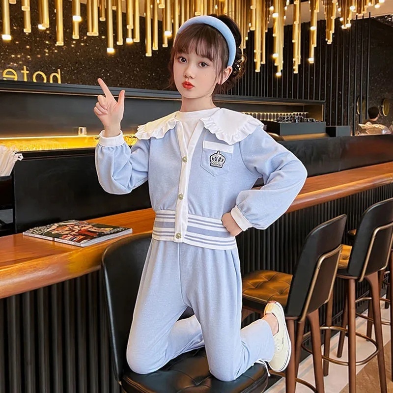 Girls Spring Suit Children's Western College Style Cardigan Bell-bottom Pants Spring And Autumn Style Casual Two-piece Suit