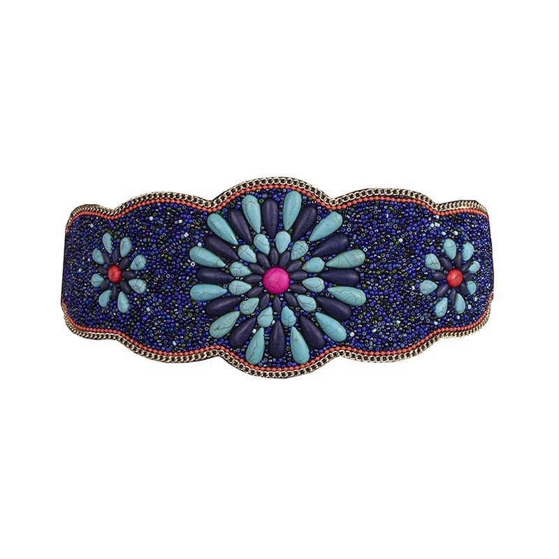 Women's Heavy-duty Bohemian Turquoise Fireworks Pattern Elastic Waist Belt Ethnic Style Travel Photography Elastic Snap Button