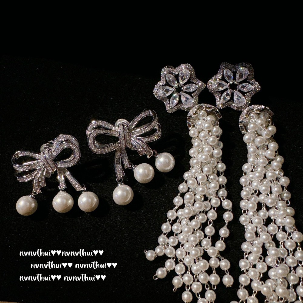 Mermaid Tears Blossom Rich Wheat Ear O White Pearl Tassel Earrings Tahiti Bow Zircon Bead Earrings