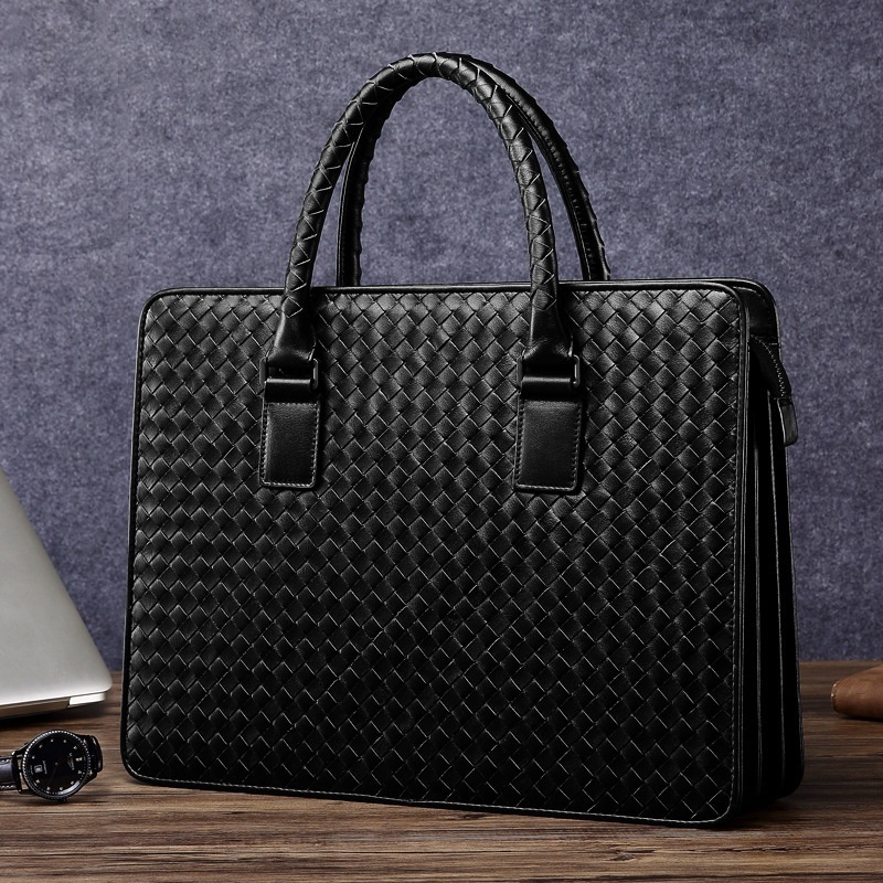 Pure Hand-woven Business Briefcase First Layer Cowhide Men's Handbag Large Capacity Genuine Leather Men's Bag One Piece Dropshipping