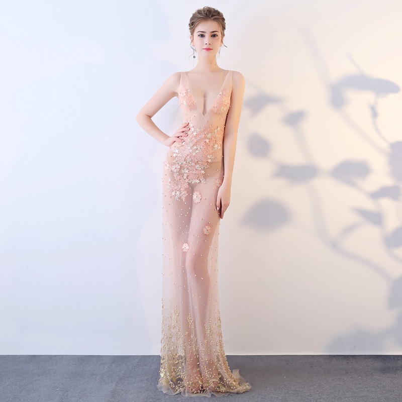 G925/Sexy See-through Dress Evening Dress Lace Handmade Slim Deep V-neck Hollow Long Car Show