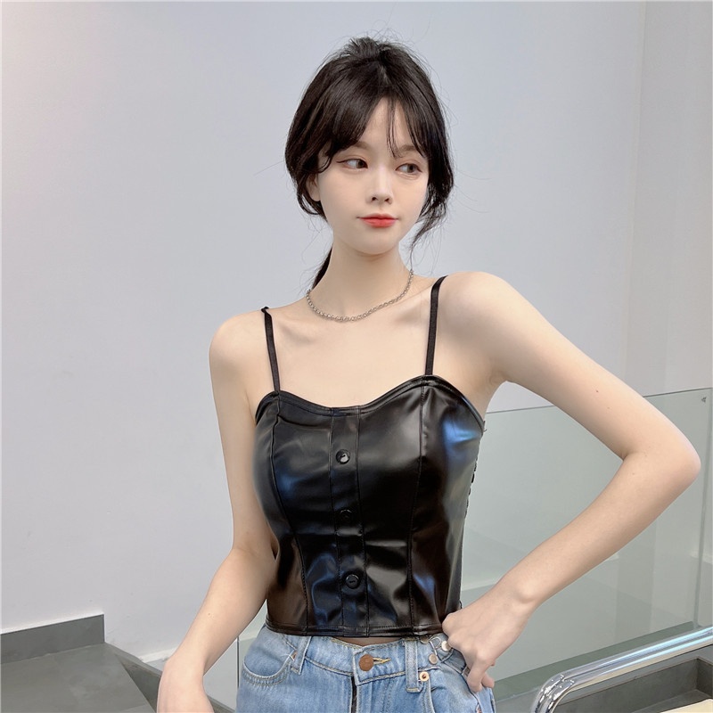 Niche Design Leather Button Chest Wrap Inner Wear Outer Wear Bottoming With Chest Pad Camisole Female Tube Top