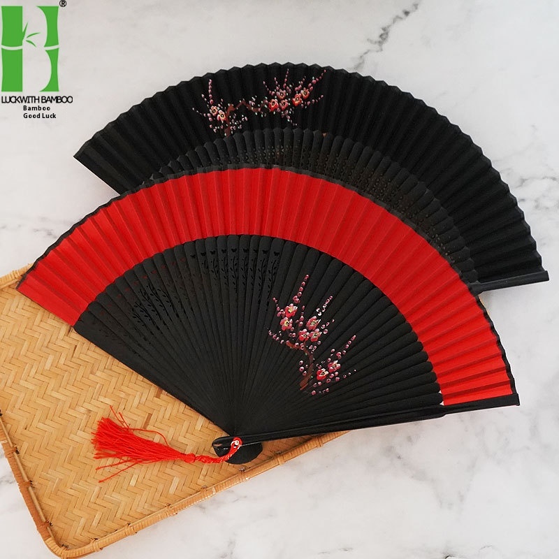 Red Hanfu Silk Fan Chinese Ancient Japanese Bamboo Folding Fan Hand-painted Plum Blossom Silk Fan Retro Dance Fan
