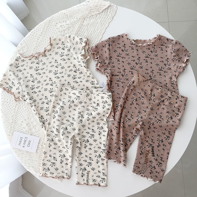 Children's Pajamas Summer Girls' Outer Wear Short-sleeved Floral Suit Summer Korean Pajamas