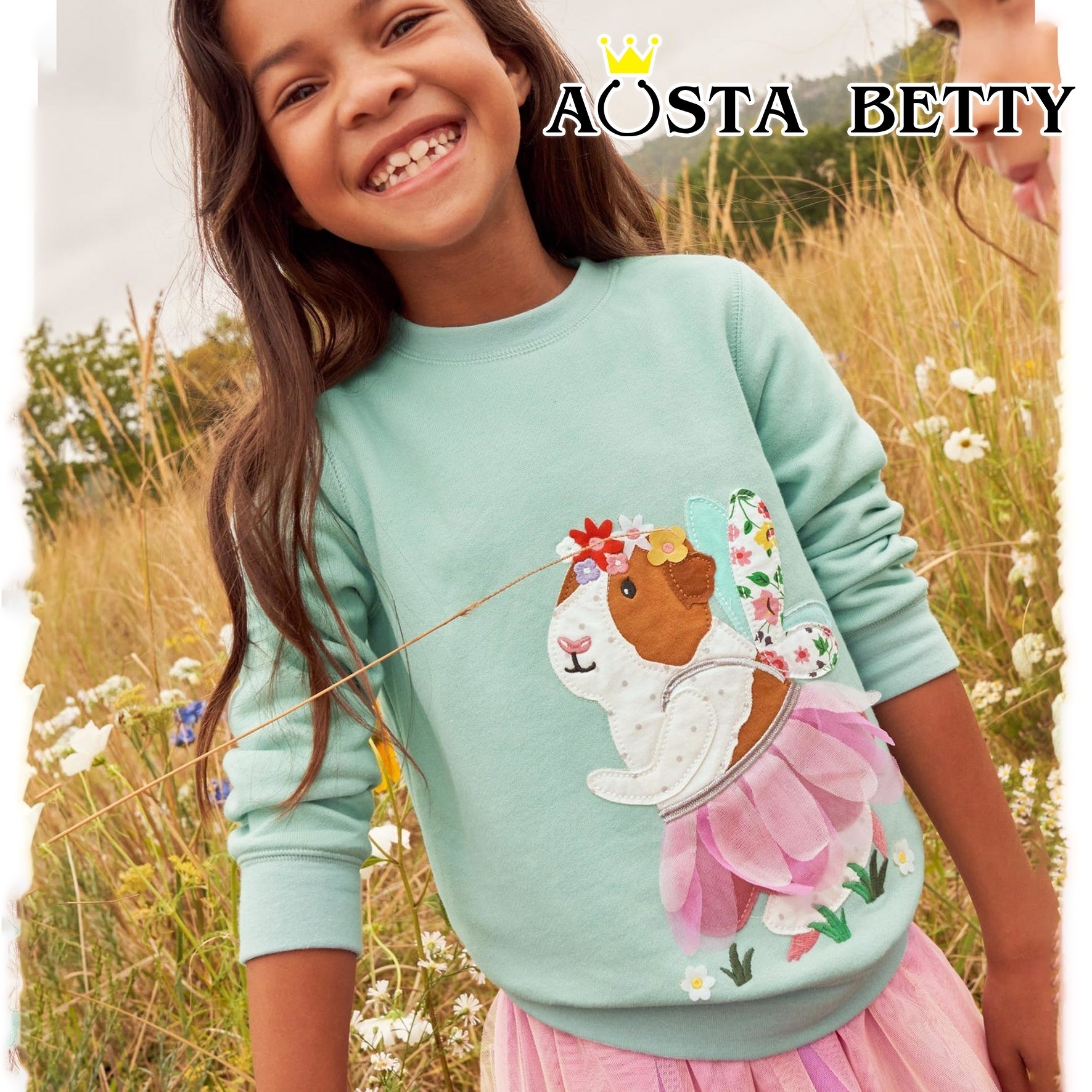 European And American Style Fashion Girls Sweatshirt Autumn Children's Round Neck Pullover Cute Puppy Embroidered Top Mixed Batch