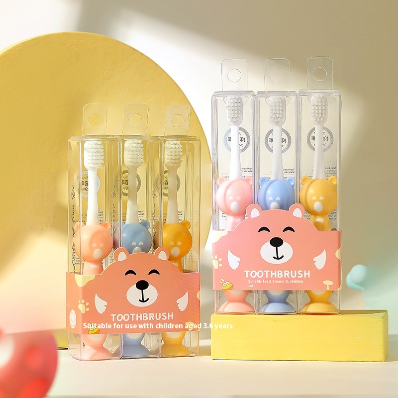 RAOYIChildren's Toothbrush3 Pieces3-6 Years Old Big Head Bear Silicone Brush Handle Baby Baby Soft Bristle Toothbrush