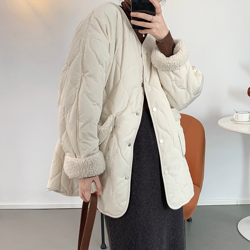Zhiqingxi V-neck Splicing Lamb Wool Cotton Coat Female[Korean Style Girl]Cotton Coat5209