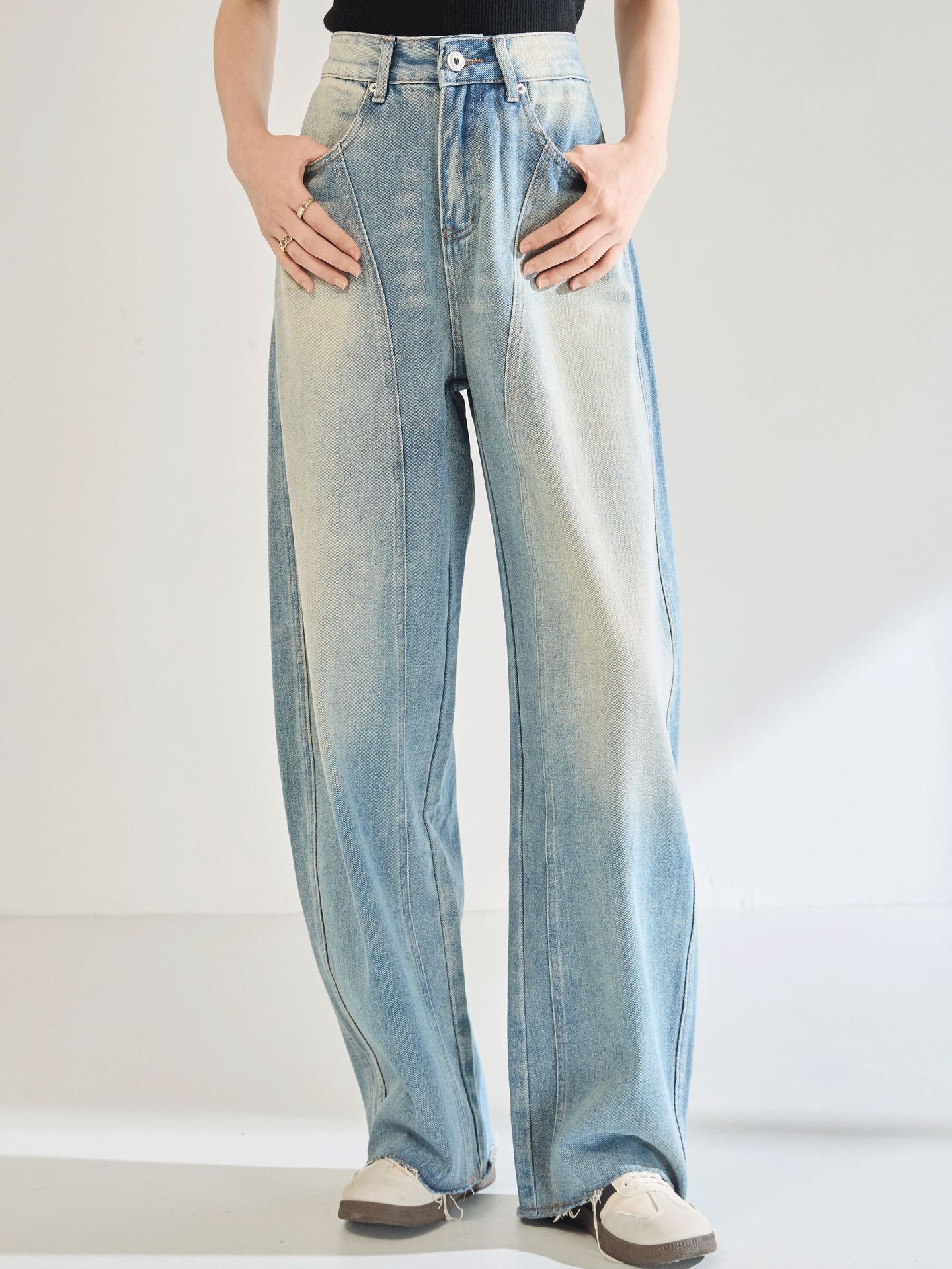 High Waist Wide Leg Pants Loose Washed American Retro Light Blue Scimitar Jeans