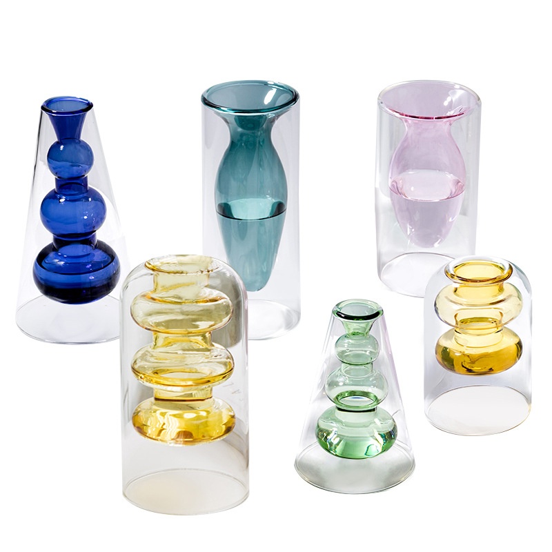 Colored Glass Vase Double Layer Nordic Fireless Rattan Aromatherapy Bottle High Borosilicate Ornaments Living Room Flower Arrangement Hydroponics - 5