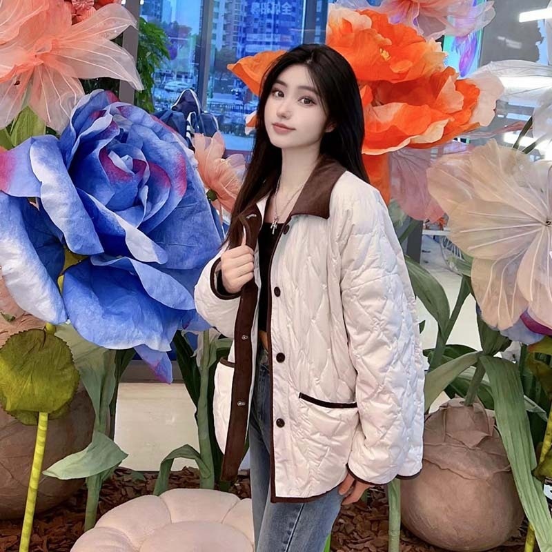 In Stock Style Corduroy Splicing Small Square Collar Quilted Clothing Women's Loose Slim Warm Coat