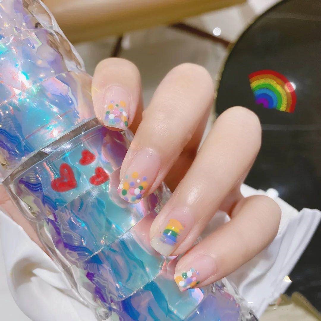 Rainbow Polka Dot Nail Art Finished False Nails24 Pieces For Girls To Wear And Remove Nail Stickers Press