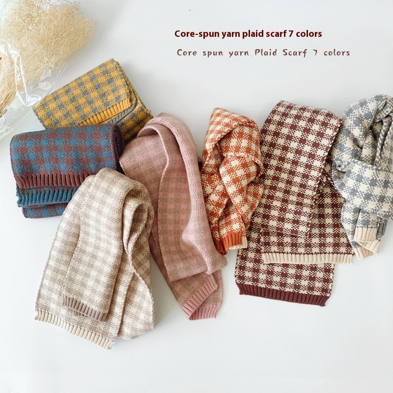 Qiunan Children's Scarf Autumn And Winter Knitted Wool Warm Scarf For Boys And Girls Korean Version Double-sided Plaid Scarf