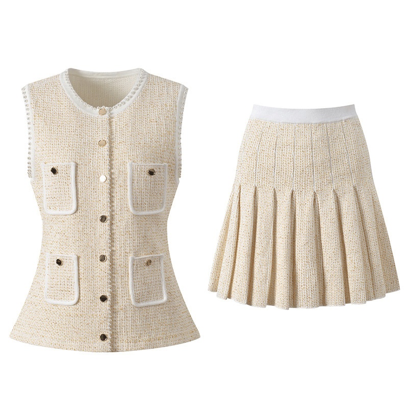 Simple Chanel-style Round Neck Single-breasted Sleeveless Vest + Pleated Skirt Set