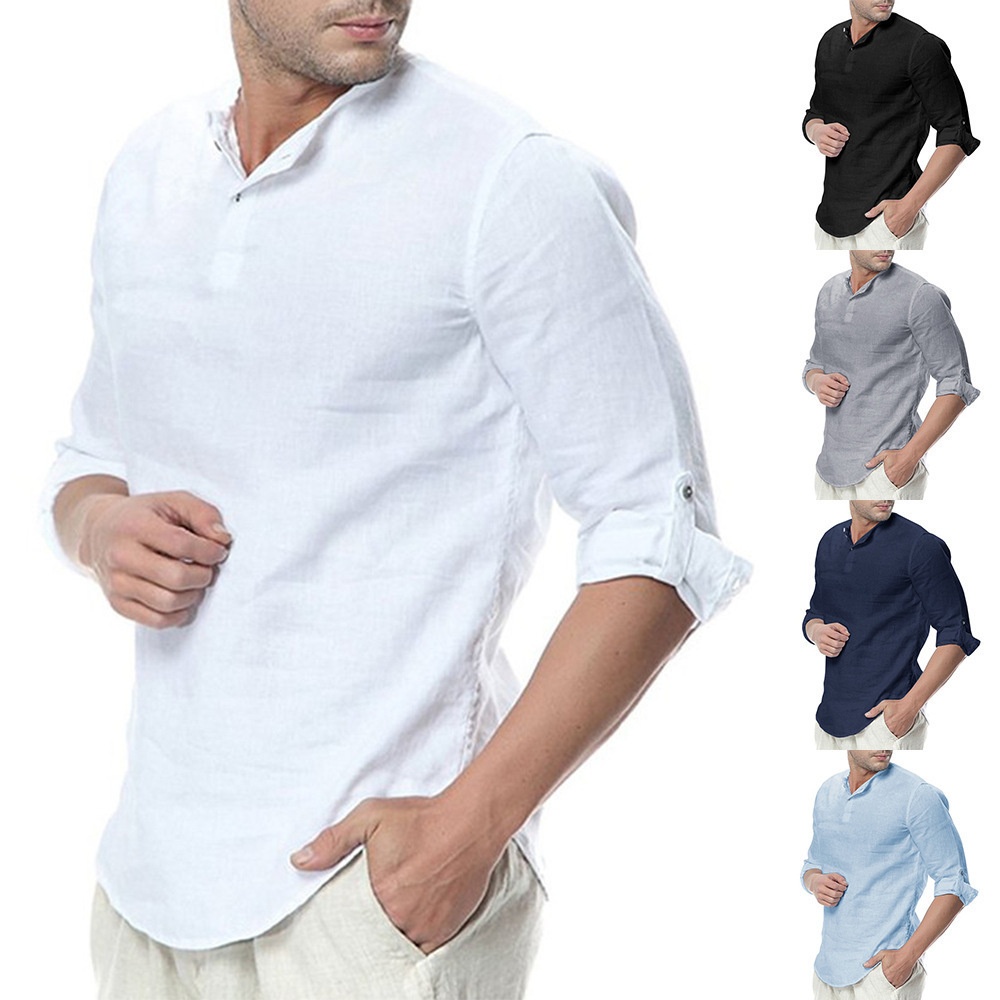 European And American Summer Men's Clothing Stand-up Collar Foreign Trade Cotton Linen Long-sleeved Shirt Men's Loose Tops Men