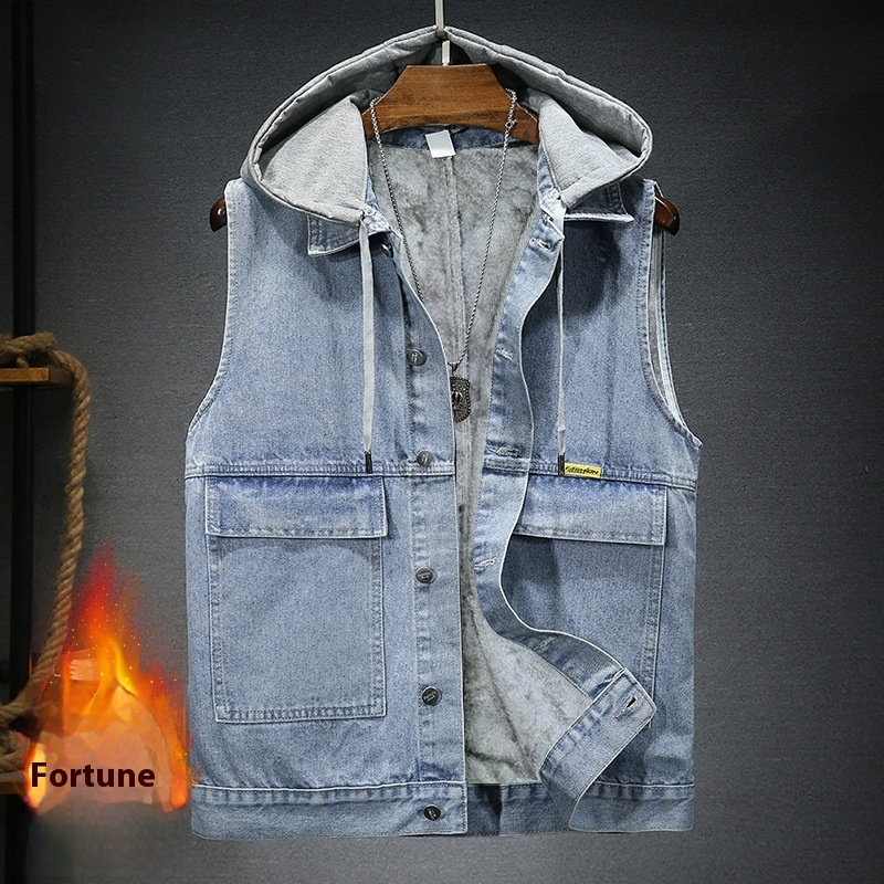 Y Men's Warm Vest Loose Fashion Thickened Waistcoat Detachable Hooded Fleece-lined Denim Waistcoat Men