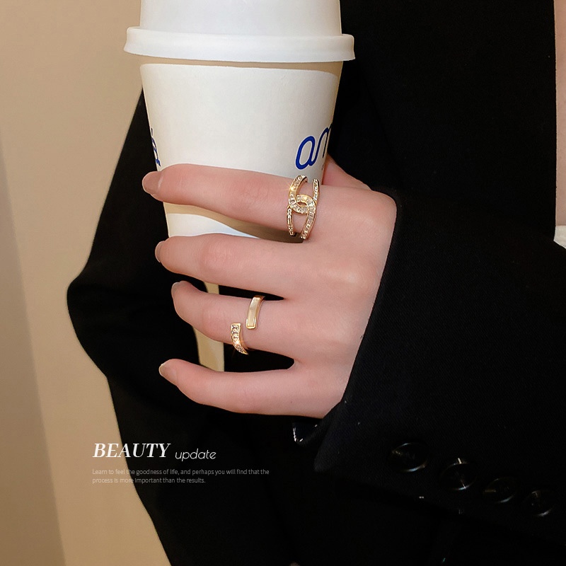 Real Gold Electroplated Korean Zircon Cat's Eye Geometric Open Ring Design Accessible Luxury Fashion Ring Bracelet