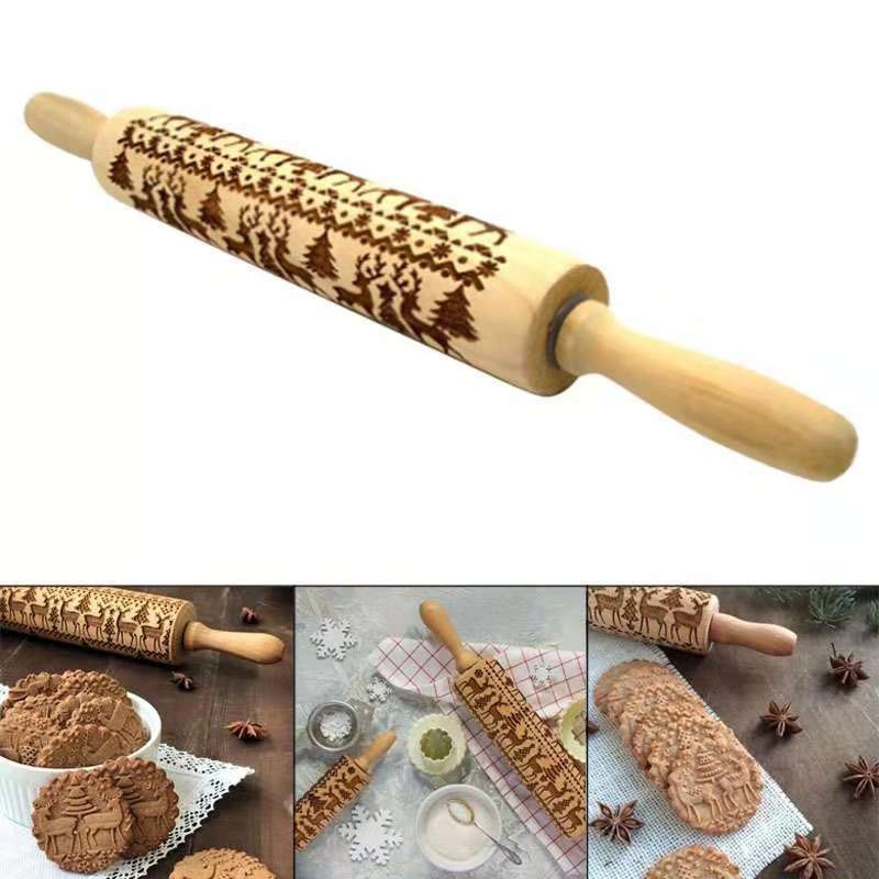 Christmas Elk Printed Rolling Pin Beech Wood Laser Engraving Embossed Rolling Pin Cookies Rolling Pin