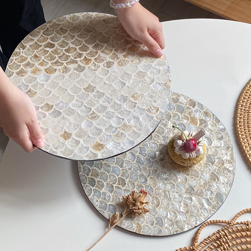 American Style Rattan Round Shell Creative Storage Household Living Room Coffee Mat Light Luxury Retro Tray Round