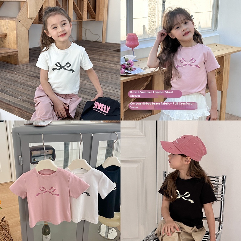 Amo Beibei Children's Clothing Summer Half-sleeved Girls Baby Stylish Short Sweet Bow Short-sleeved T-shirt