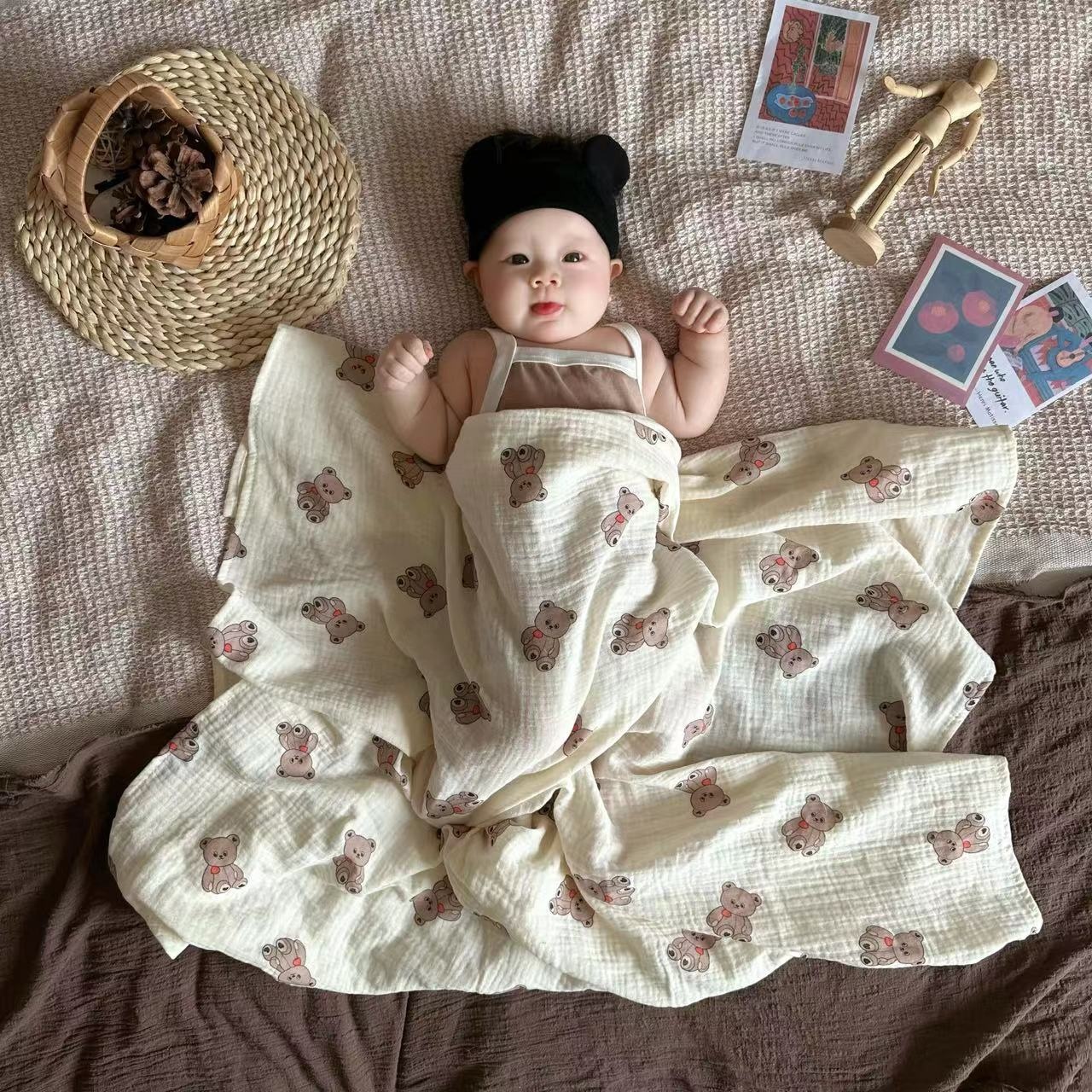 Love Bear Double Cotton Yarn Blanket Baby Pure Cotton Knitted Blanket Summer Air Conditioning Blanket Kindergarten Nap Blanket