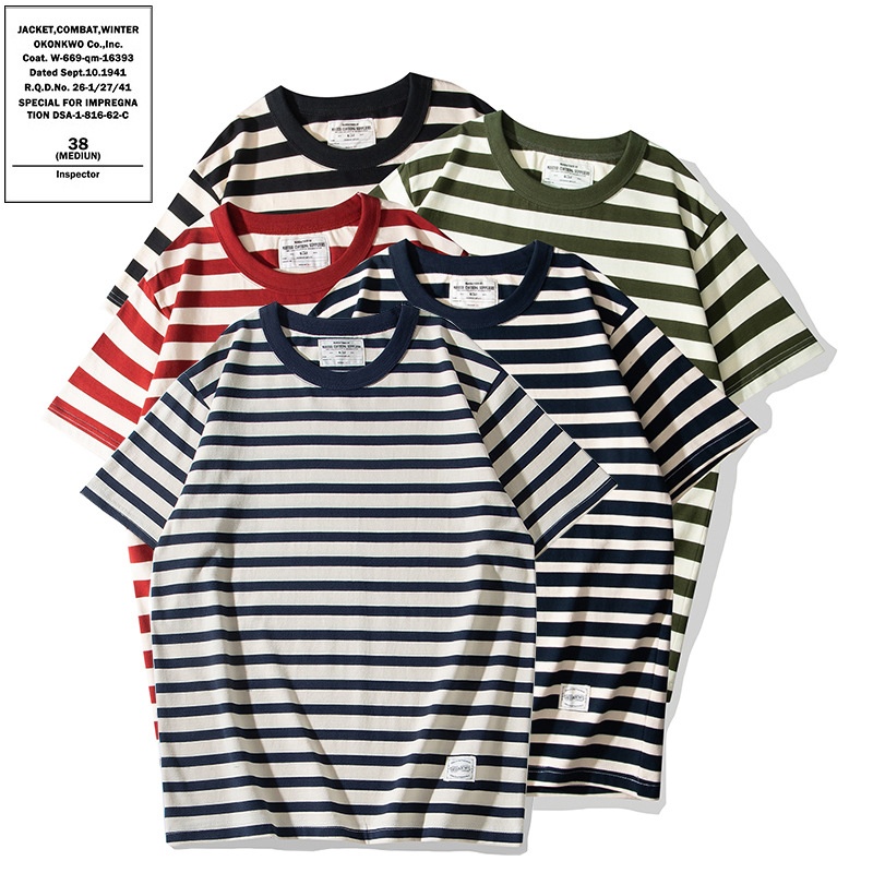 OKONKWOAmi Khaki230g Thick Heavy Round Neck T-shirt Sailor Shirt Retro Striped Short Sleeve T-shirt
