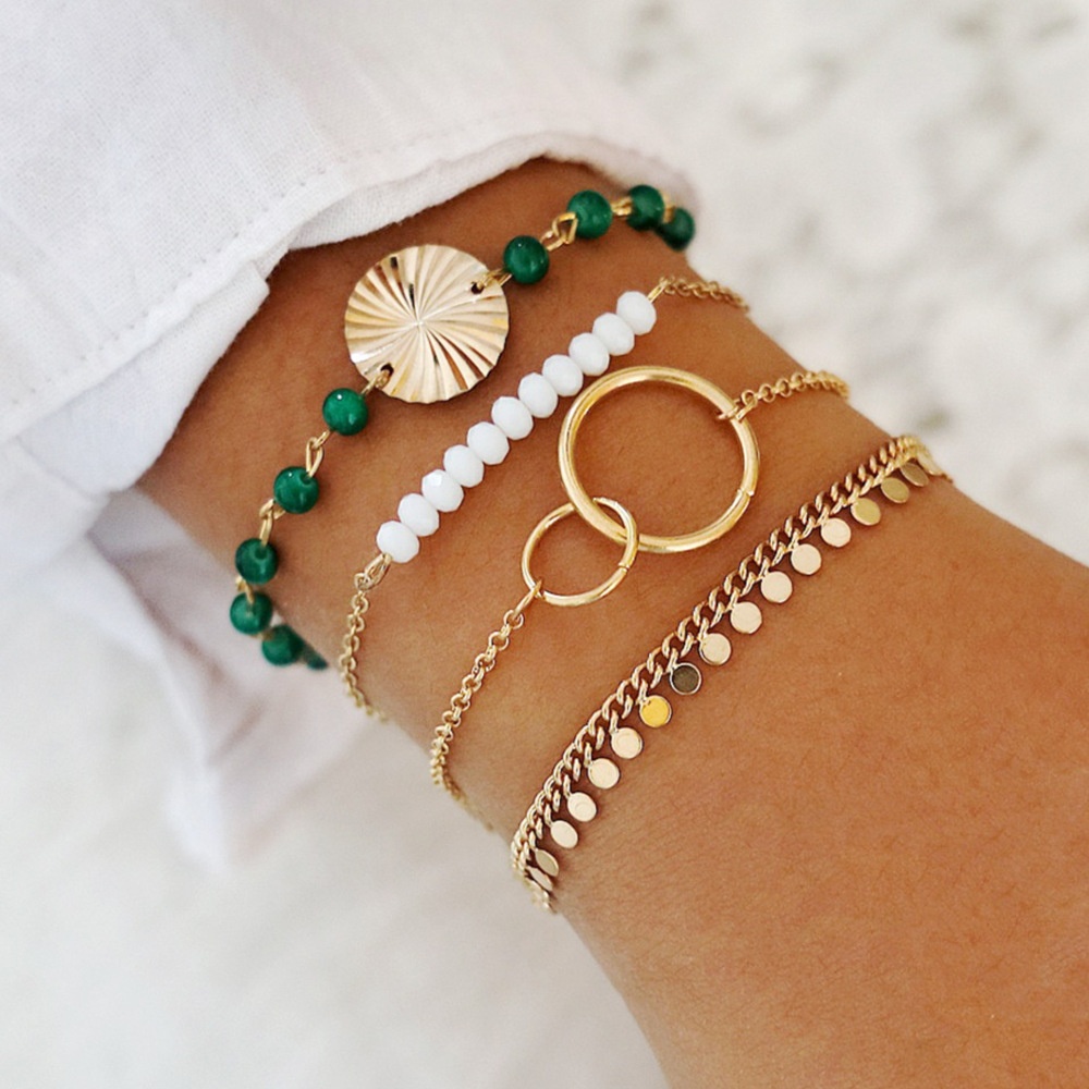 Fashion Bracelet With Tassels,Water Wave Circle Bead White And Green Bracelet,4-piece Set