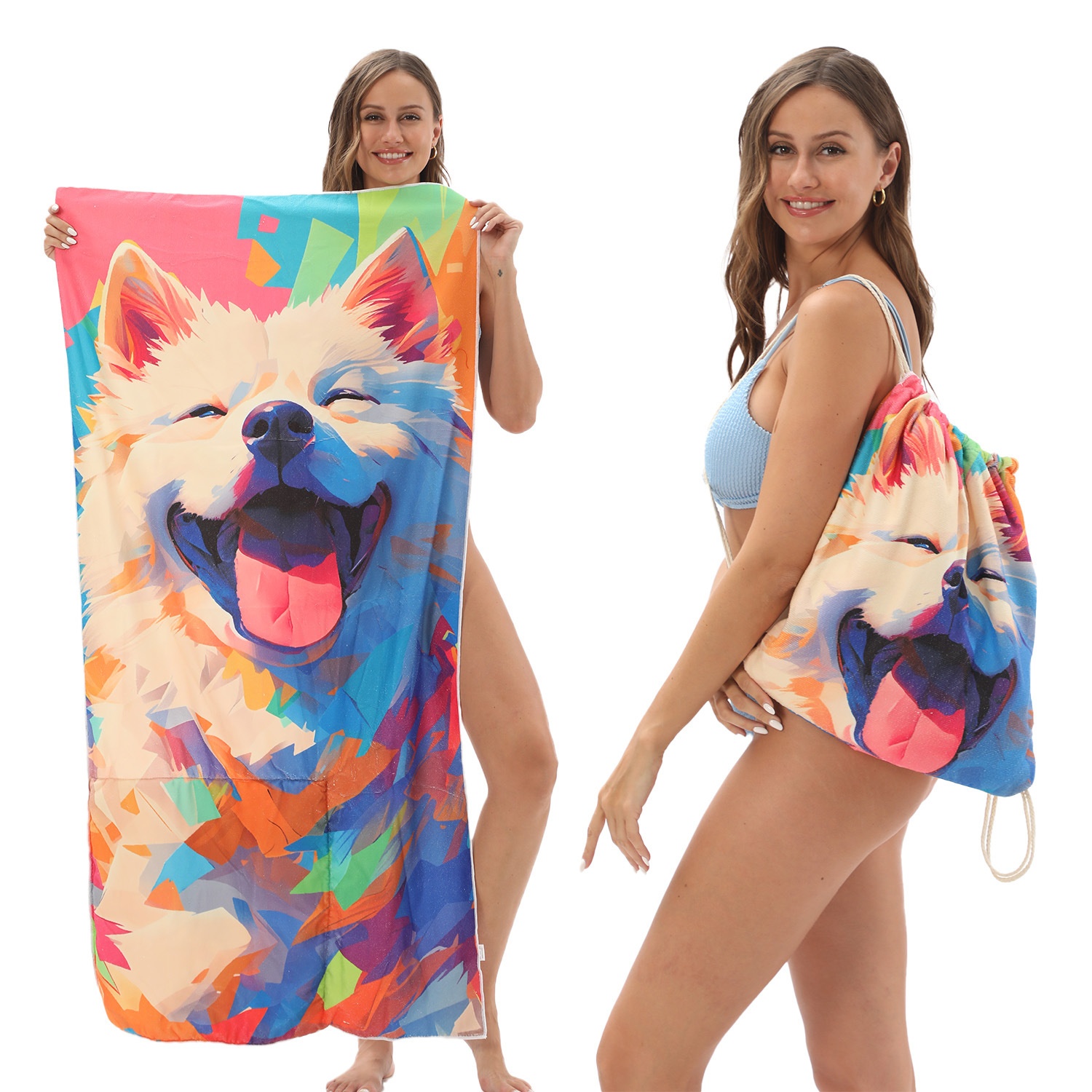 Two-in-one Foldable Beach Towel Printed Bath Towel Integrated Beach Towel All-in-one Bag For Storage