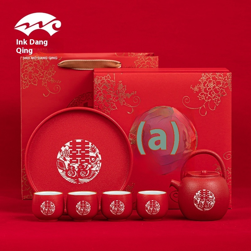 Chinese Red Wedding Tea Set Wedding Supplies Tea Cups Tea Bowls Ceramic Tea Set Full Set With Tray