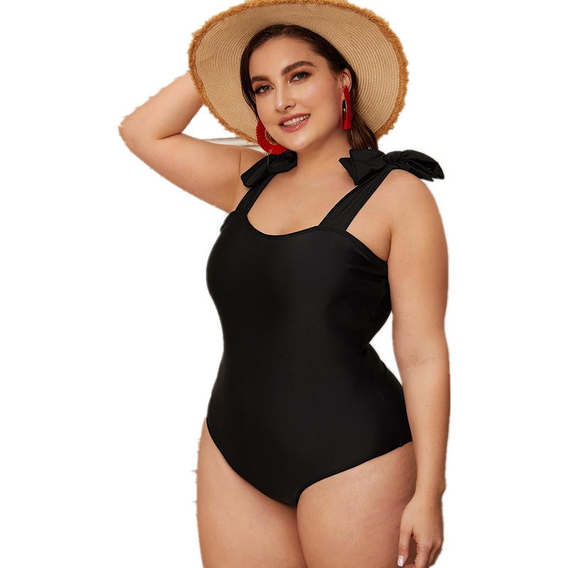 European And American Plus Size One-piece Swimsuit Solid Color Bow Backless E-commerce Dedicated Swimsuit Women