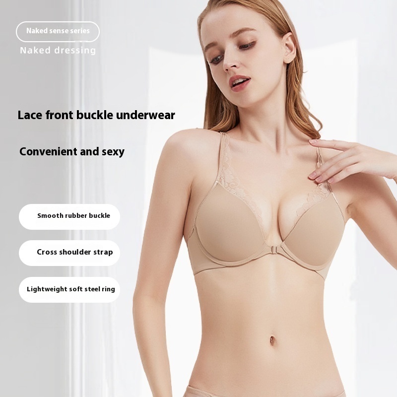 French Lace Front Buckle Underwear Small Chest Not Empty Cup Women Gather Anti-sagging Bra Cross Beautiful Back Bra