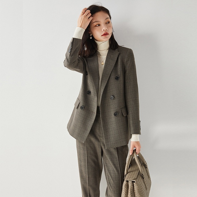Shenghong24 Spring Temperament Commuting Leisure Plaid Double-breasted Slim Suit Female11179 Jacket Pants