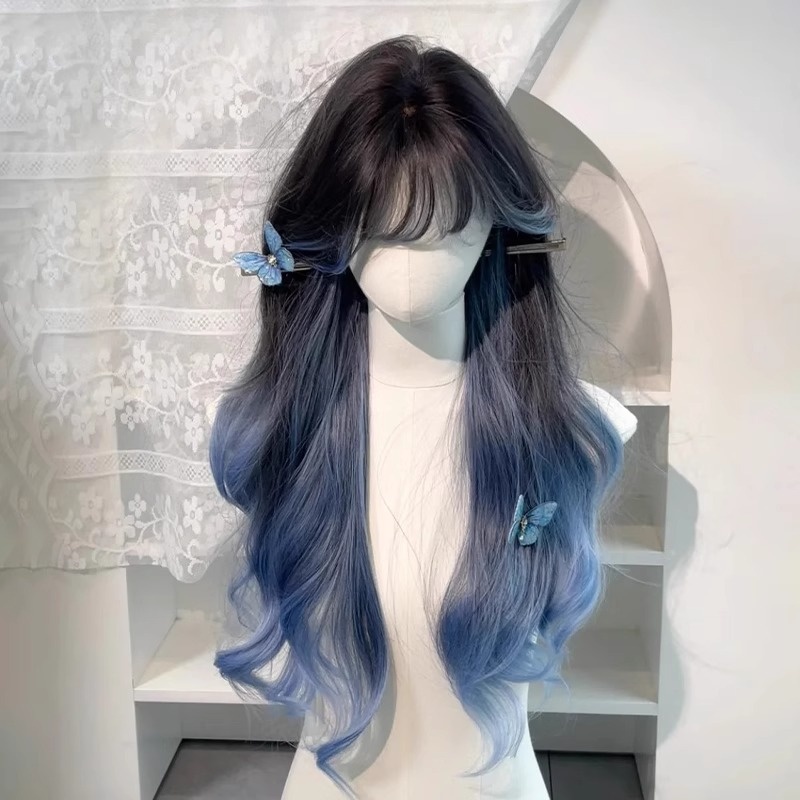 Wig Women's Blue Highlights Gradient Neat Bangs Long Curly Hair Daily Same Big Wave Full Head Cover