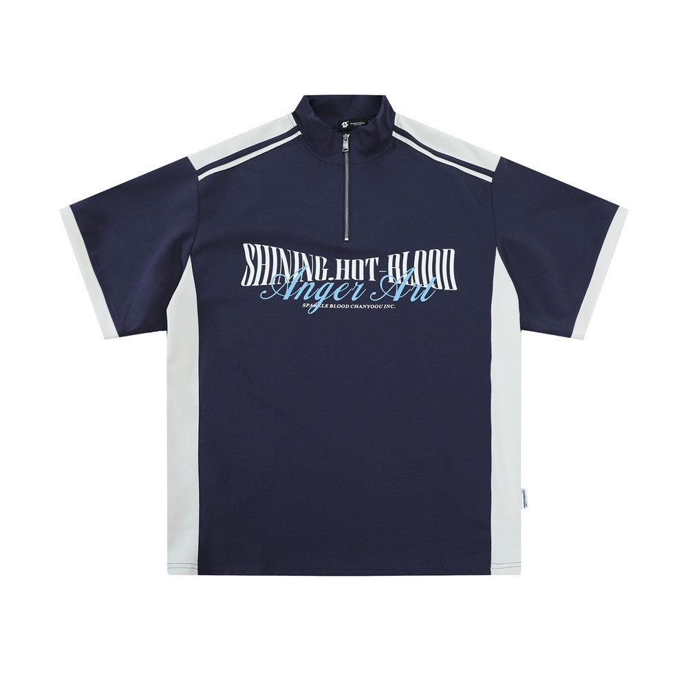 Men's Summer American Casual Stitching Half-zipper Short-sleeved T-shirt Top With Letter Print And Color Matching Stand-up Collar Polo Shirt