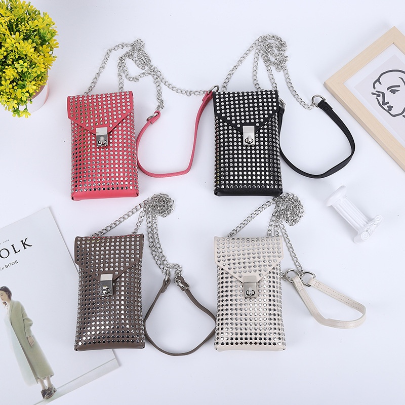 Mobile Phone Bag Women's Cross-body Mini Small Bag Korean Style Exquisite Versatile Vertical Style Retro Chain Rivet Single Shoulder Small Square Bag