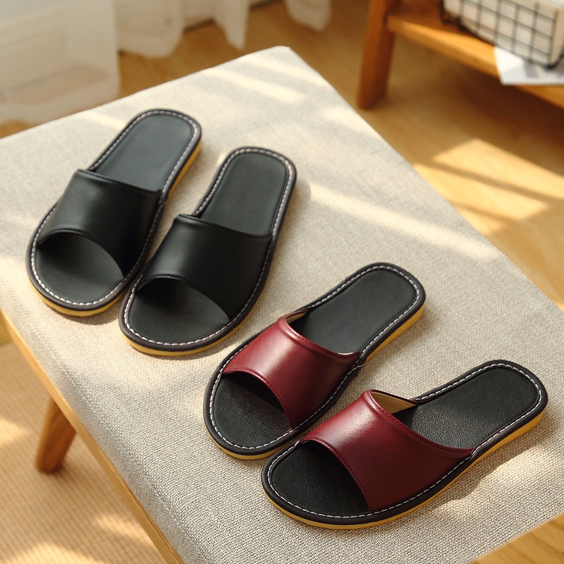 Leather Slippers Summer Women Home Indoor Couple Non-slip Pu Leather Sandals Home Men Home Sandals