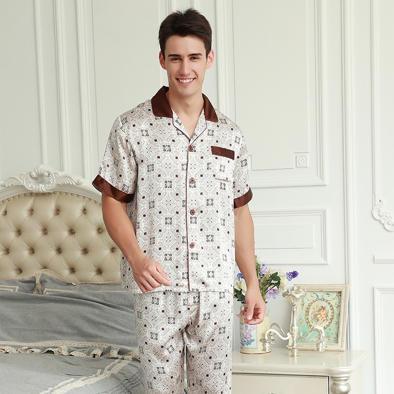 Silk Pajamas Men's Summer Short Sleeve Trousers Soft Breathable Printed Mulberry Silk Home Wear