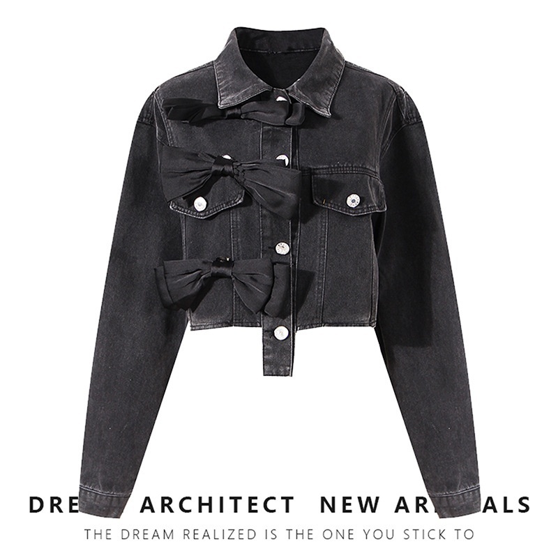 Short Denim Jacket For Women Spring Retro Design Three-dimensional Bow Small Versatile Top