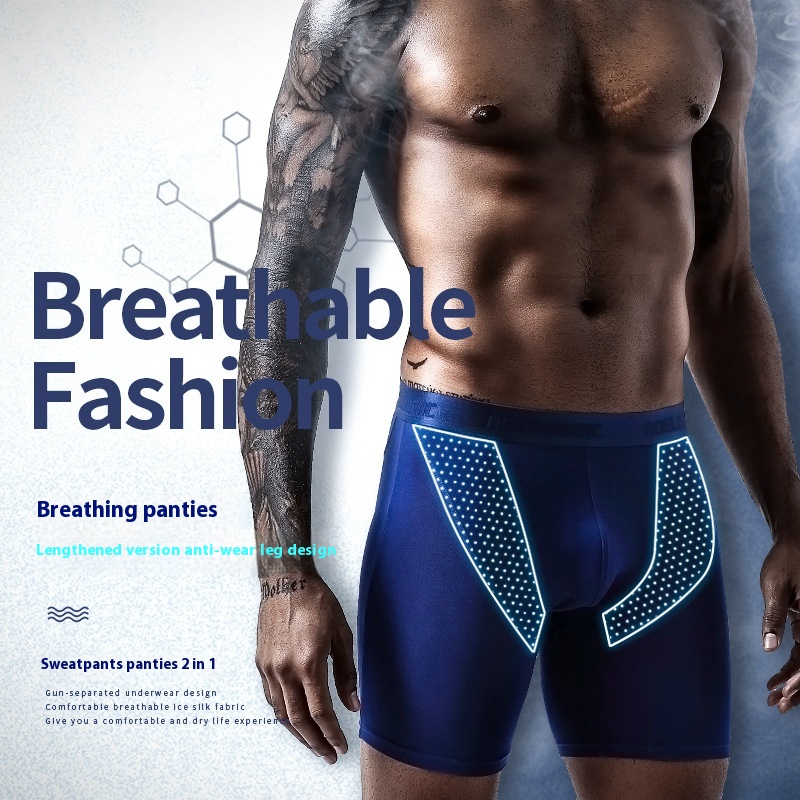Ice Silk Mesh Men's Underwear Head Sports Running Extended Anti-wear Leg Modal Boxer Pants Long Leg Shorts