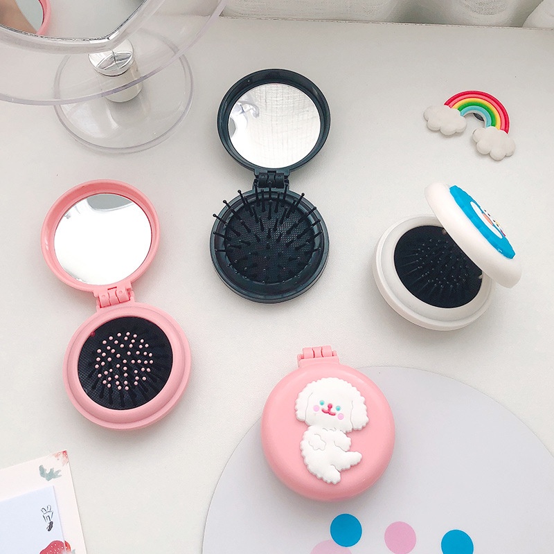 Creative Girly Portable Comb Puppy Dinosaur Cartoon Air Cushion Comb With Makeup Mirror Round Folding Comb Gift