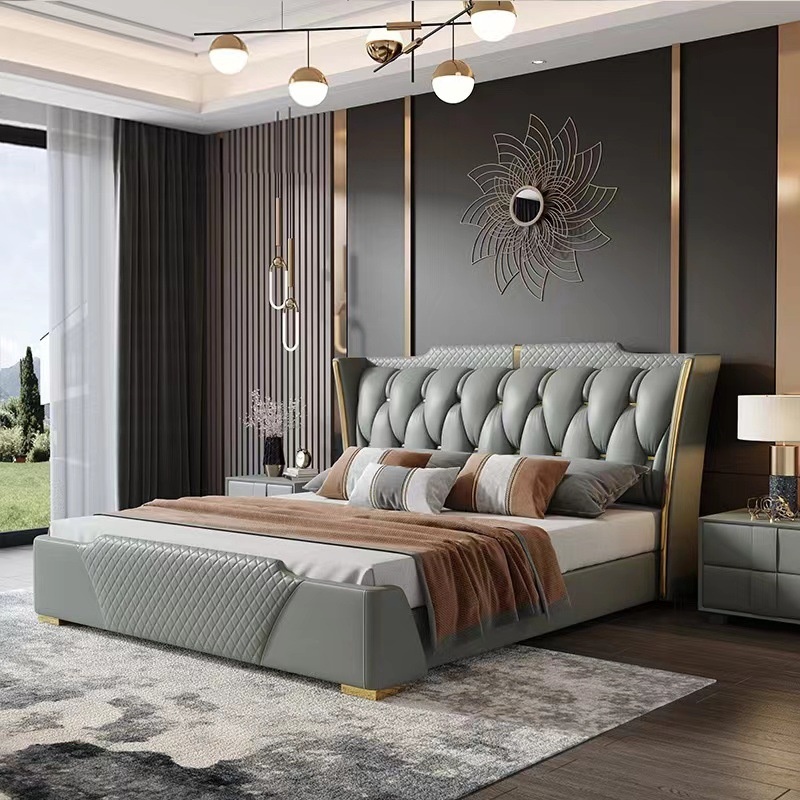 Italian Light Luxury Leather Bed, Modern And Simple Double Bed Headboard, Cowhide Leather Master Bedroom, Internet Celebrity Soft Bed, High-end Grand Wedding Bed