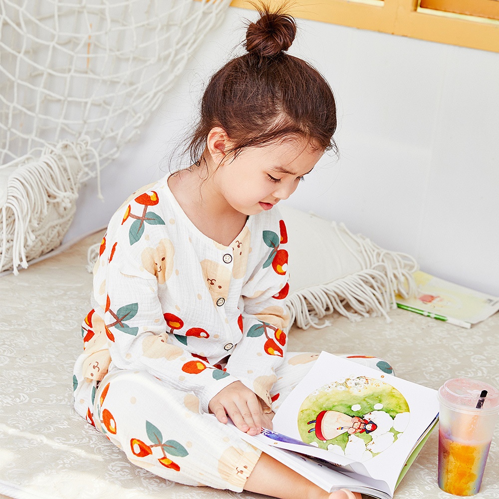 Children's Summer Double-layer Cotton Gauze Pajamas Suit Baby Girl Long-sleeved Home Clothes Thin Boy Bloomers Suit